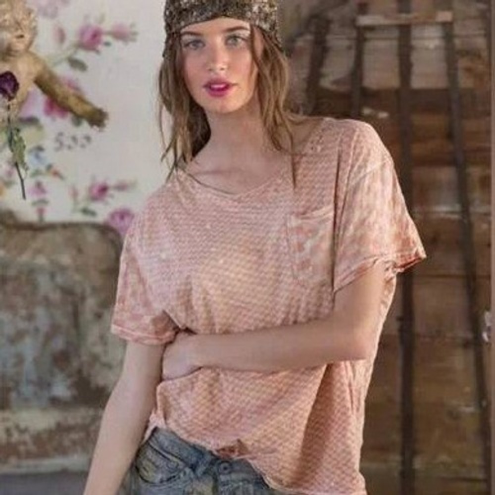 Magnolia Pearl‎ 🍊Orange 🍊 Checkered Short Sleeve Pocket Distressed Tee Shirt NWT